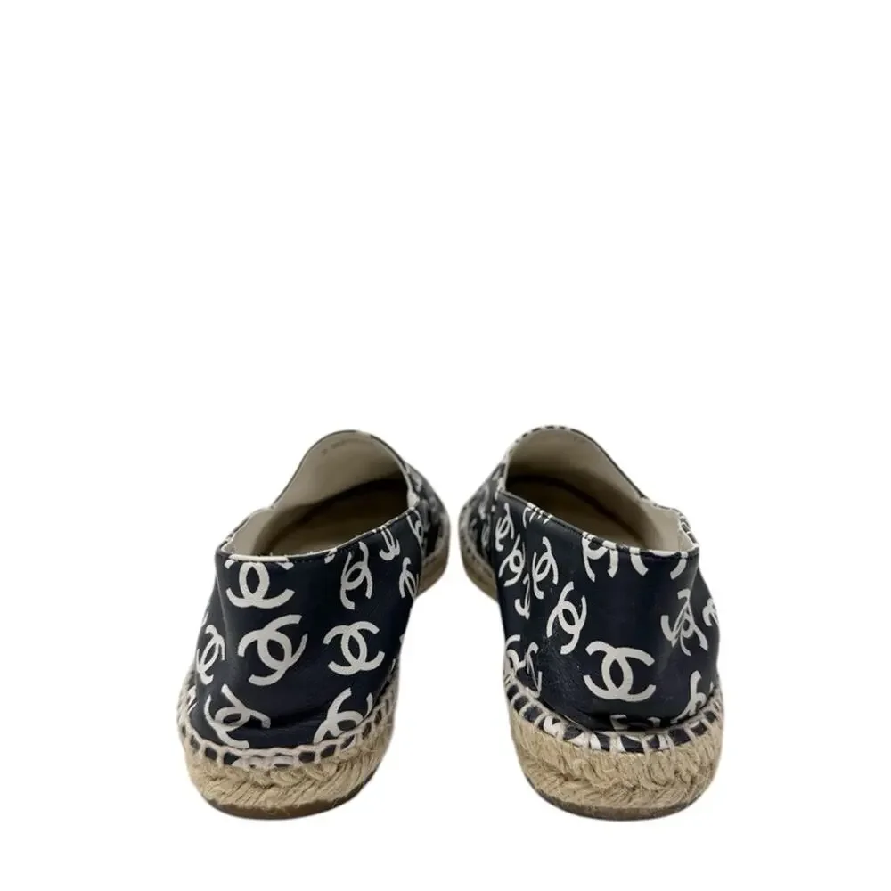 Chanel CC Monogram Logo Lambskin Leather Black White Espadrilles Size 40